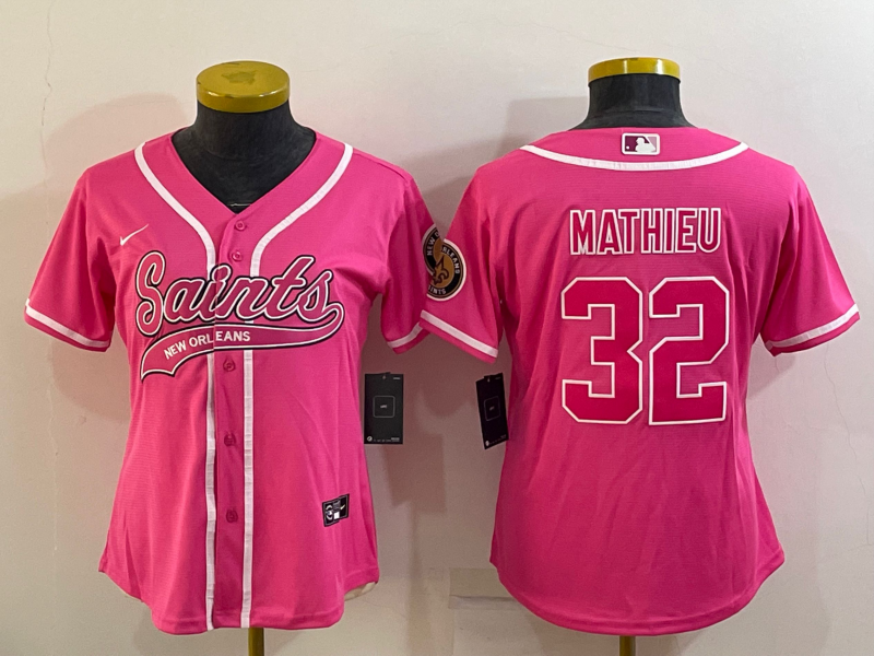 Women's New Orleans Saints #32 Tyrann Mathieu Pink With Patch Cool Base Stitched Baseball Jersey(Run Small) Women's New Orleans Saints #32 Tyrann Mathieu Pink With Patch Cool Base Stitched Baseball Jersey(Run Small)